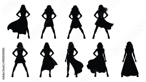 Diverse silhouettes of women in elegant evening gowns showcasing various styles Vector