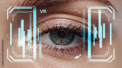 Close Up Of A Woman's Eye With A Futuristic Digital Overlay Showing Blue Light And Geometric Shapes
