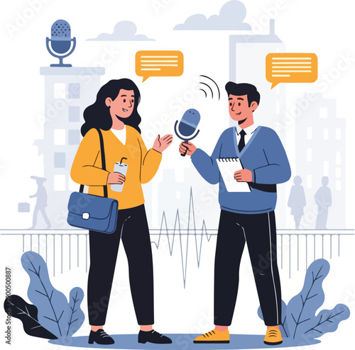 A female journalist being interviewed by a male reporter on Journalists Day, with speech bubbles and a cityscape background. Perfect for World Press Freedom Day, news articles, and