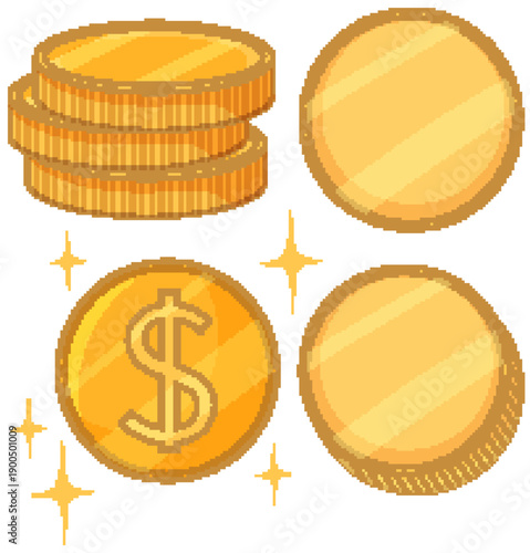 Set of Shiny Gold Coins and Dollar Currency Vector Illustration