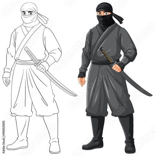 Japanese Ninja Warrior Character in Color and Line Art Style