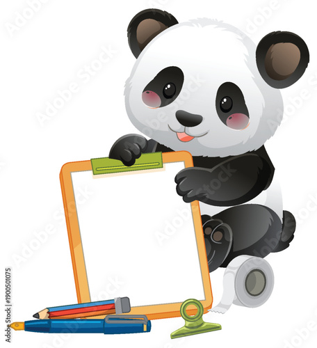 Cute Cartoon Panda Holding a Blank Clipboard with School Supplies