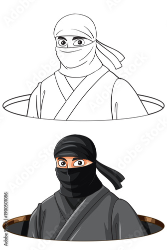 Ninja Character Emerging from a Hole in Color and Line Art