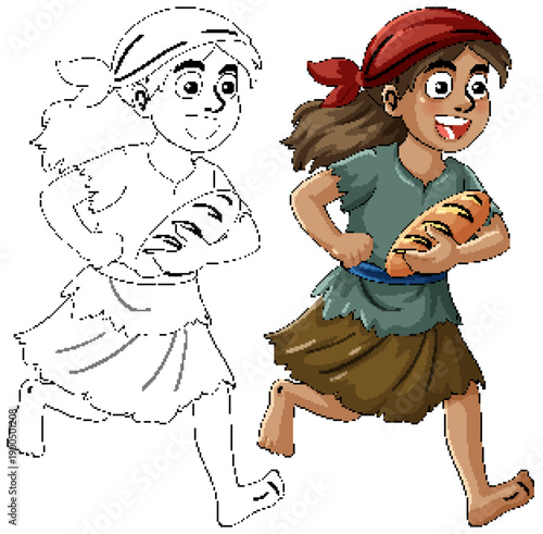 Young Girl Running With Stolen Bread Loaf