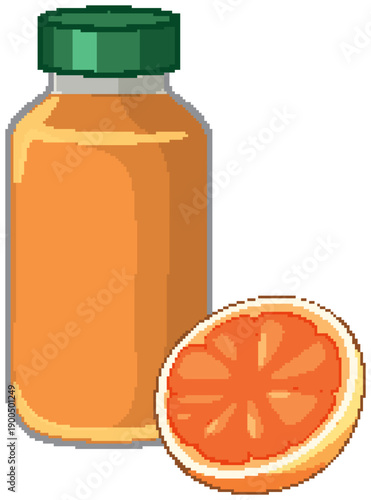 Vector Illustration of Orange Juice Bottle and Fresh Orange Slice