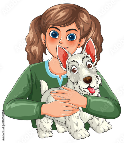 Young Girl with Brown Pigtails Hugging a Small White Terrier Dog