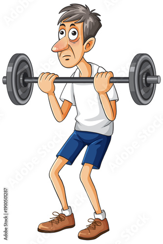 Nervous Thin Man Lifting Heavy Barbell Cartoon