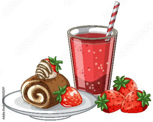 Chocolate Swiss Roll Cake with Fresh Strawberries and Red Fruit Smoothie