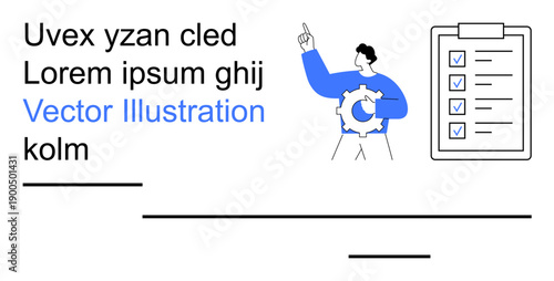 Business management, organization, workflows, task planning, productivity, presentation. Man holding a gear symbol pointing upward with a clipboard and checklist beside him. Business management