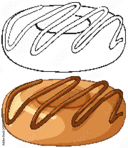 Vector Illustration of Glazed Donut in Color and Line Art