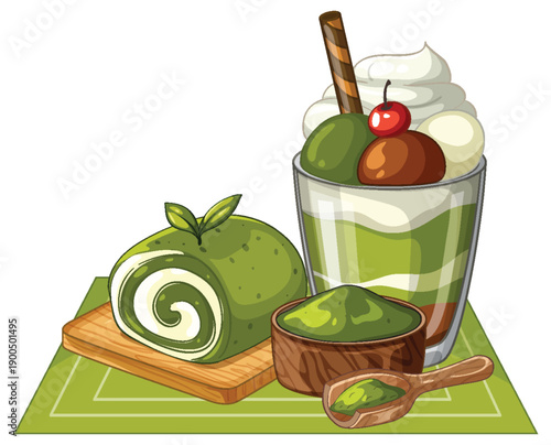 Matcha Green Tea Dessert Set with Roll Cake and Parfait