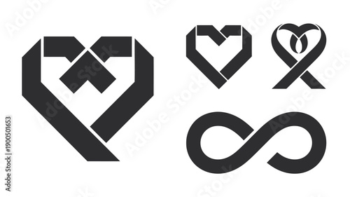 Four Distinct Black Silhouette Symbols Including Heart and Infinity Signs