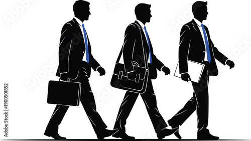 Businessmen walking silhouettes, professional executives carrying briefcases and documents, corporate career progression isolated white background illustration concept, vector design set