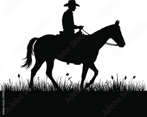 Cowboy Riding Horse Through Meadow