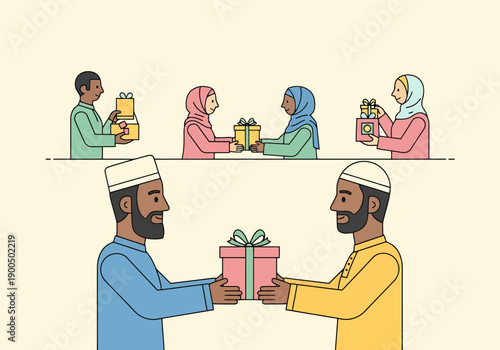 People exchanging gift boxes celebrating special occasions presenting festive presents to friends and family members exchanging presents for