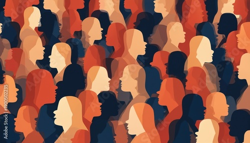 Abstract pattern of many overlapping faces in warm color palette. Stylized diverse people profiles create sense of community and unity. Graphic backdrop for social themes. Simple modern design.