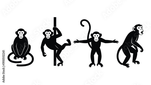 Four monkeys in various poses with a tree in the background. Vector