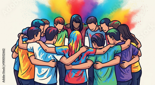 Diverse group of young adults hugging in unity with colorful background and vibrant t shirts