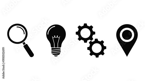 Icons representing investigation, ideas, mechanics, and location Vector