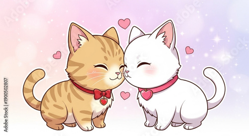 Romantic cute cats couple with hearts