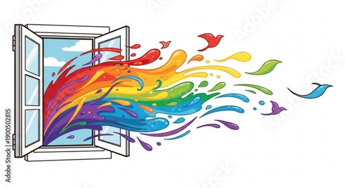 Vibrant rainbow colors burst out of an open window symbolizing freedom and creativity against a bright sky background