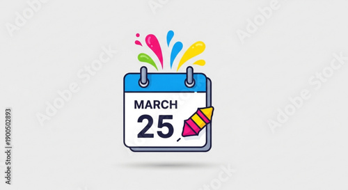 Colorful calendar icon with march 25 date and crayon on white background