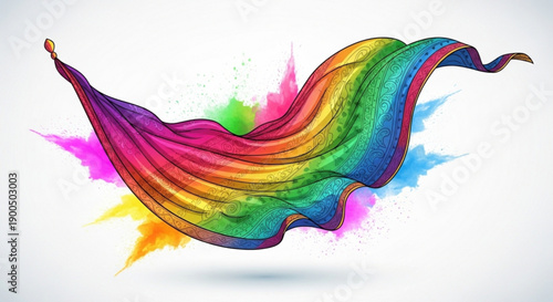 Vibrant rainbow colored fabric waving with dynamic multicolor paint splashes on white background symbolizing creativity and freedom