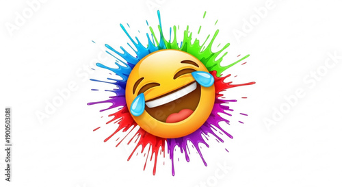 Laughing crying emoji with colorful splashes expressing joy and humor on a white background