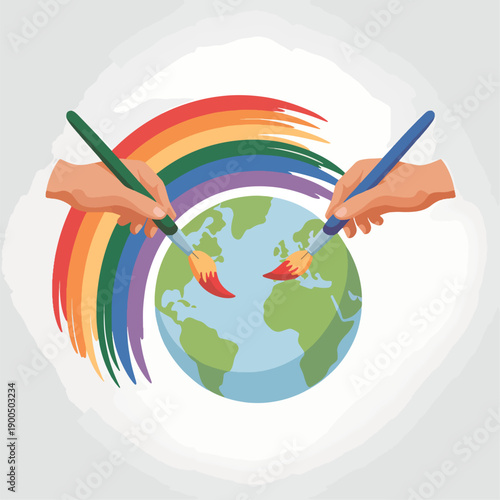 Two hands painting a colorful rainbow over a globe colors