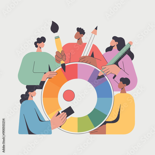 Group of people working together around a colorful circular collaboration teamwork circle