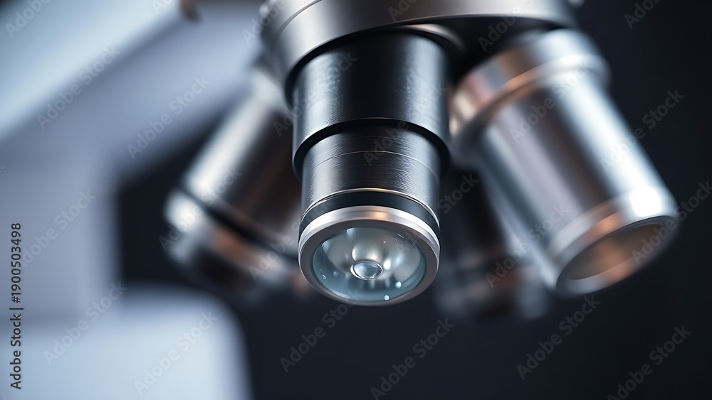 Fototapeta premium Closeup of a scientific microscope with detailed metal lens in a laboratory setting.