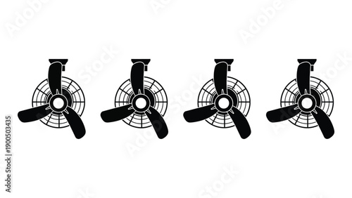 Four black ceiling fans with different blade designs. Vector