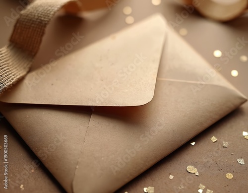 Brown paper envelope lies on rustic surface with gold confetti and burlap ribbon. Elegant stationery conveys special occasion, invitation or surprise message.