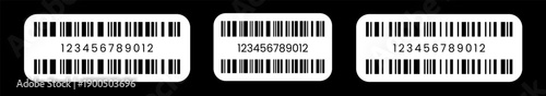 Vector long barcode illustration with numeric code on white rounded labels over black background, designed for retail scanning, product identification, and commerce systems