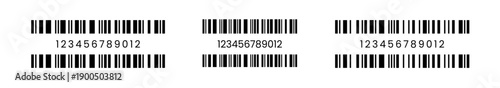 fake long barcode illustration with transparent background, showing black vertical bars and numeric codes in multiple layouts for retail scanning and mockup commerce design.