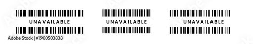 Vector fake long barcode illustration with transparent background, featuring UNAVAILABLE text and black vertical bars for product status display, retail mockup, and commerce design.