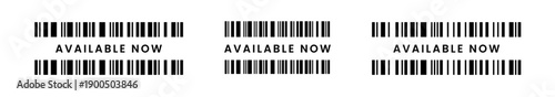 Vector fake long barcode illustration with transparent background, featuring AVAILABLE NOW text and black vertical bars for retail mockup, product status display, and commerce design.