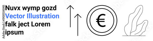 Finance, economic growth, investment, currency exchange, business development, minimalist design. Euro symbol with upward arrows and abstract shape. Finance and economic growth visualization
