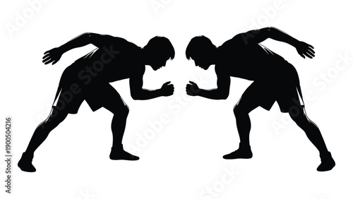 Two silhouetted figures facing off in a boxing stance against a white background Vector