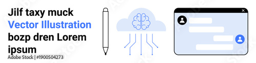 Artificial intelligence, cloud computing, digital communication, education tools, collaboration, innovation. A brain with data lines, pen and chat window interface. Artificial intelligence