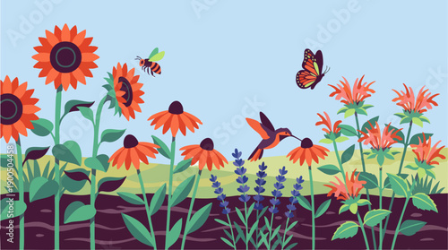 Vibrant flowers and butterflies in a lush garden landscape from a panoramic viewpoint