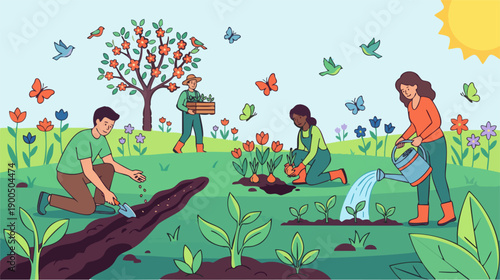 People planting trees and flowers in a lush green garden on a sunny day