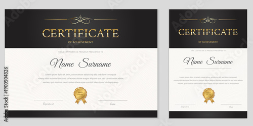 Elegant certificate template in landscape and portrait formats with black panels, guilloche background, and gold printing. Vector, fully editable, ready for A4 printing .