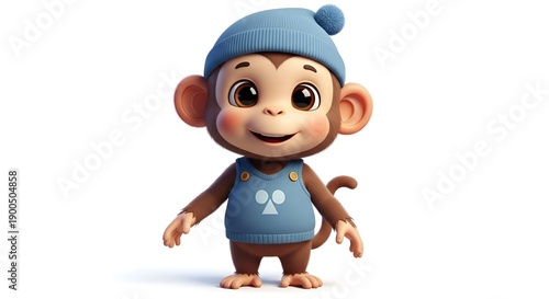 A cartoon monkey wearing a blue hat and bib stands on a white background, viewed from the front.