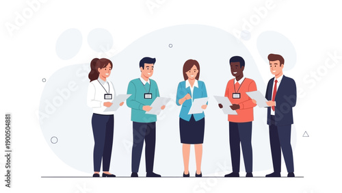 Diverse business team meeting, holding documents, modern flat illustration