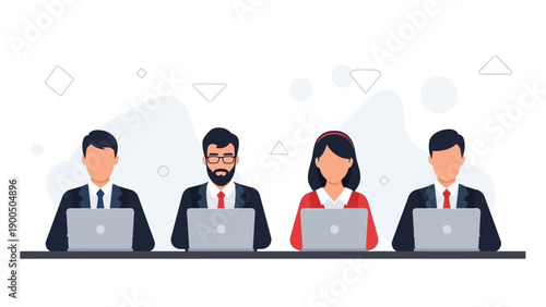 Teamwork business meeting with laptops, diverse professionals collaborating, modern office flat illustration