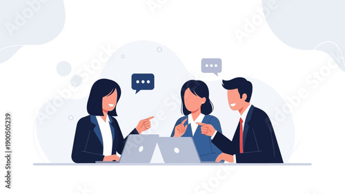 Diverse team collaborating on laptops, discussing ideas with speech bubbles