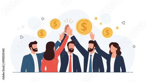 Successful Business Team High Fiving with Gold Coins and Stars