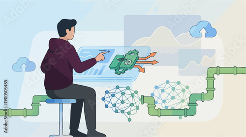 Man sitting on stool working on laptop with robotic hand interacting with data flow pipes