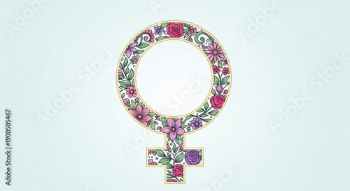 Venus symbol with floral wreath and gemstones on light background representing feminism and female empowerment
